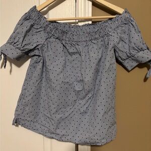 CeCe Off-Shoulder Blouse - Navy and White Pattern